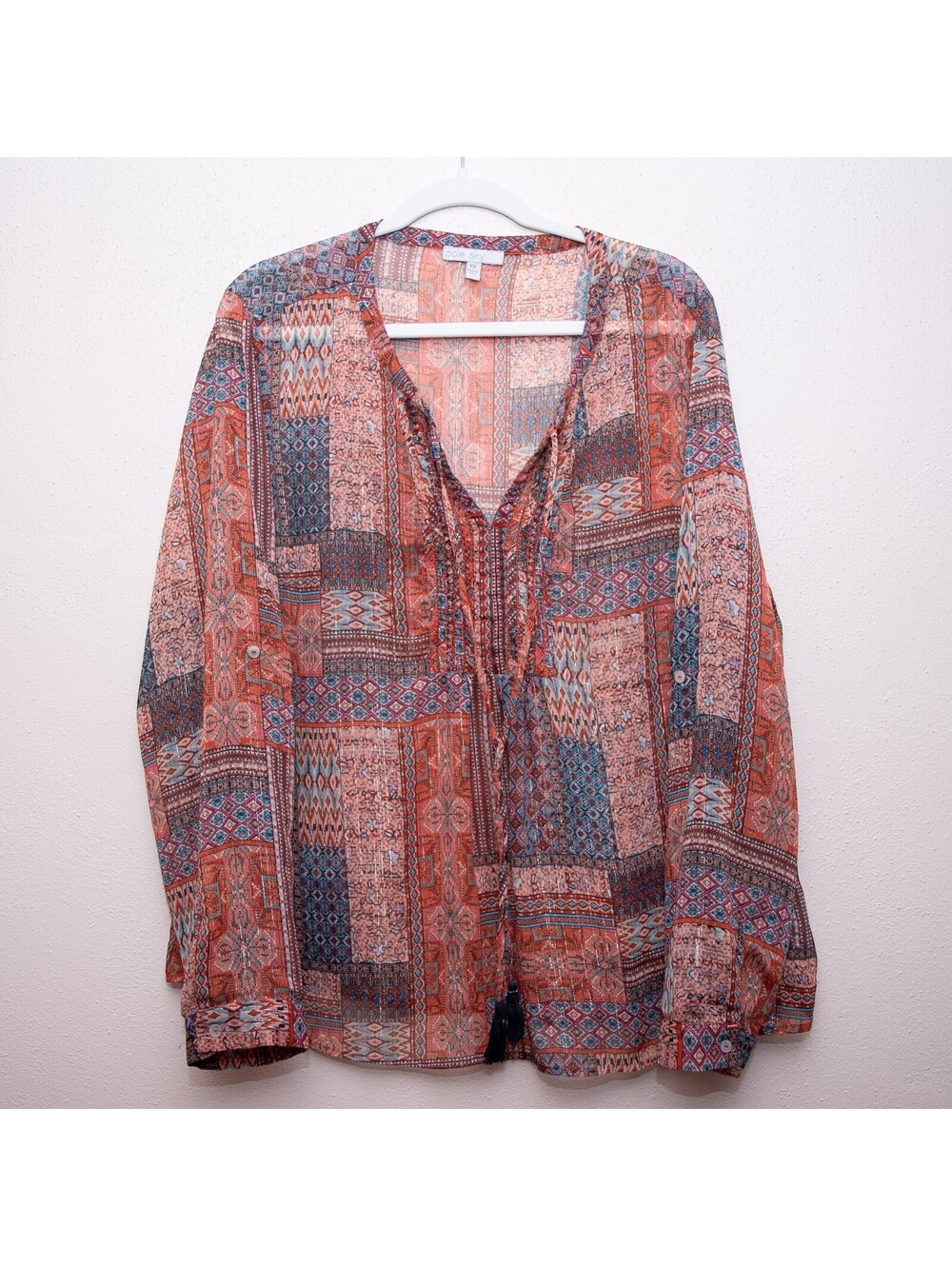 Pale Sky Patchwork Print Blouse Tie Neck Boho Festival Tassel Plus 2XL